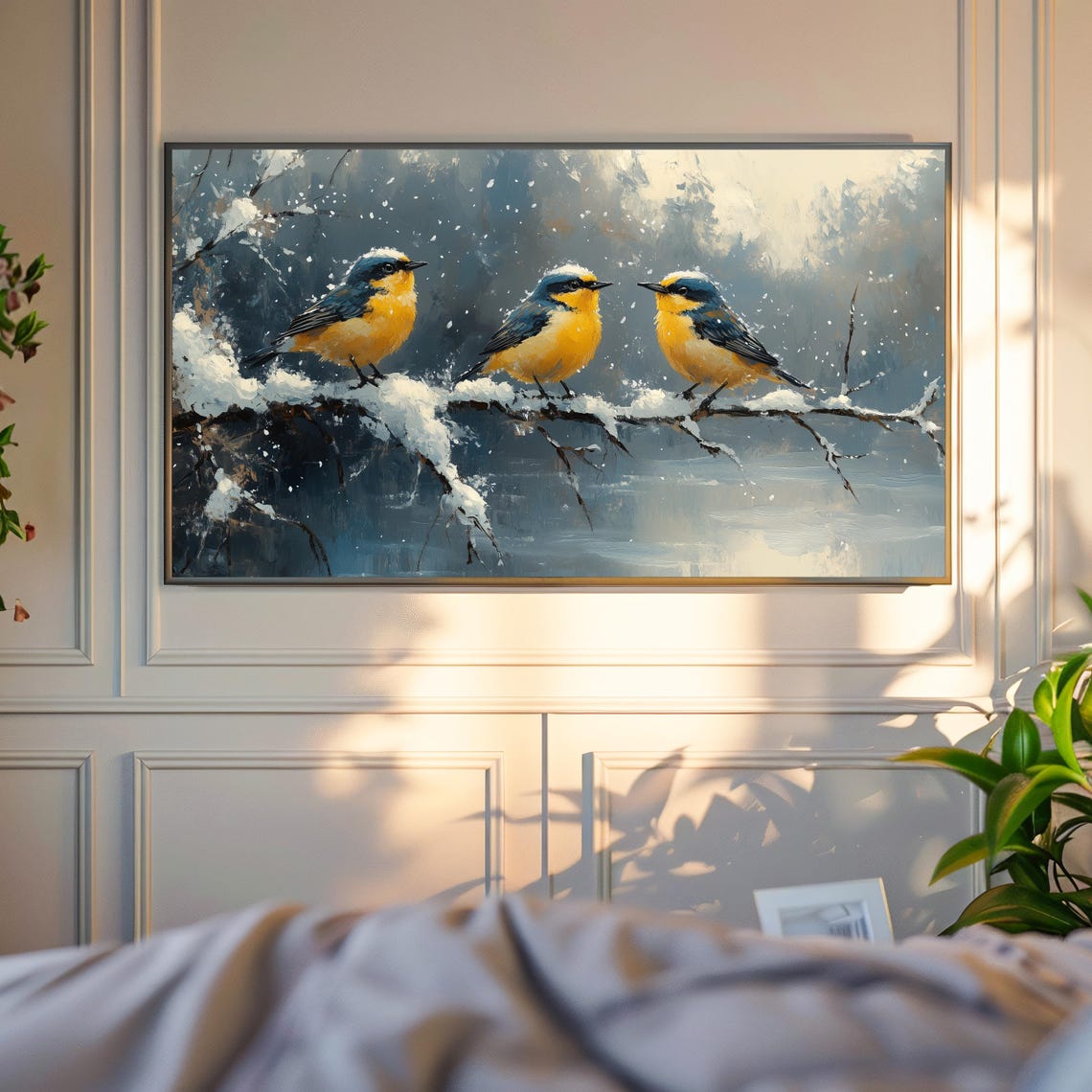 Goldcrest Trio On Snowy Branch In Falling Snow Dark Winter Art Poster - Image 4