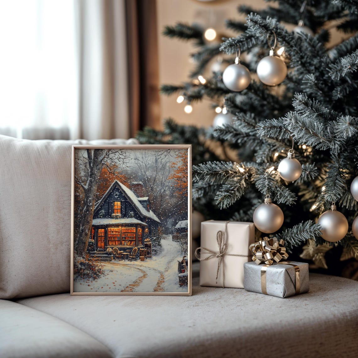 Cozy Bookstore in the Snow at Night with Glowing Windows Poster - Image 5