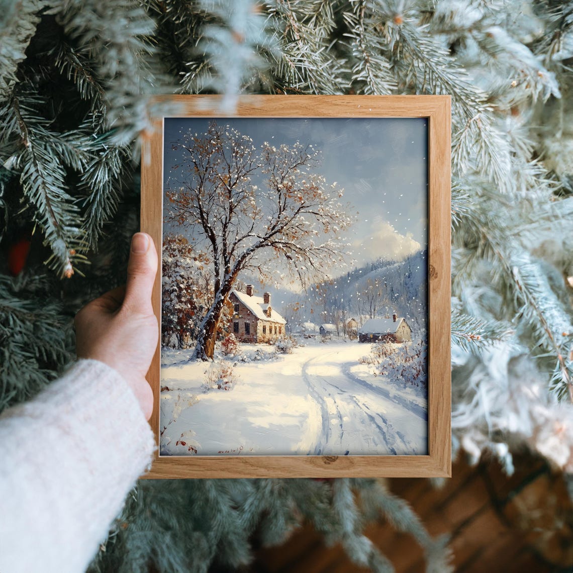 Snowy Village With Big Oak Tree And Cottages At Midday Poster - Image 6