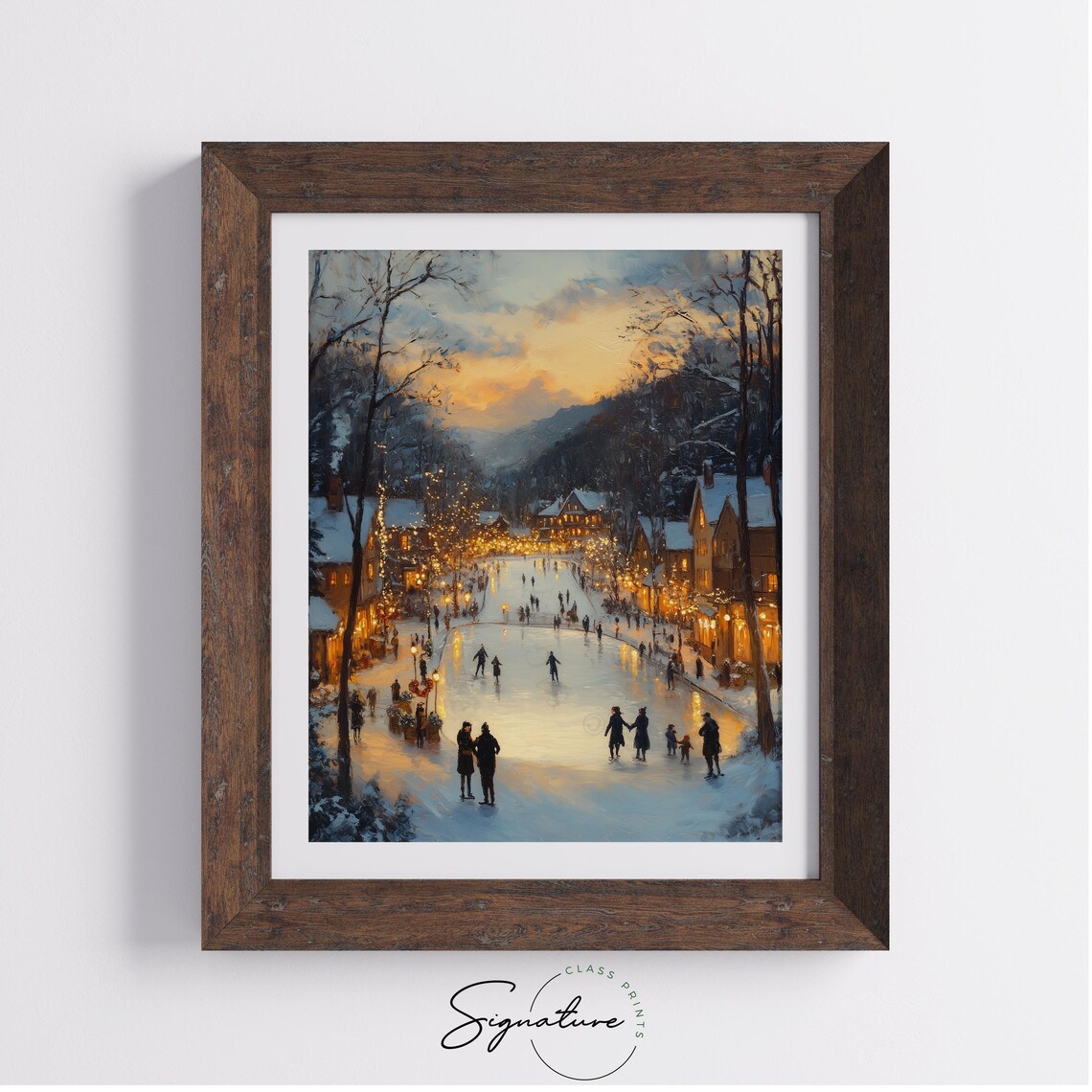 Sunset Ice Skaters on Frozen Pond with Village Lights and Tree Poster - Image 3