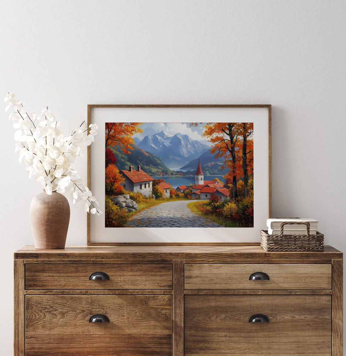 Alpine Village Autumn Lane Mountain Lake Chapel Fall Landscape Wall Art - Image 3