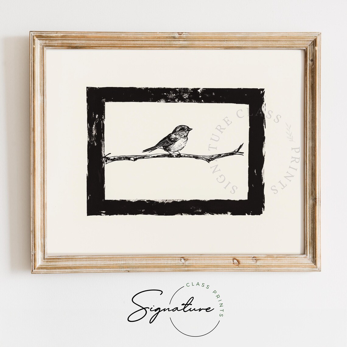 Black And White Songbird Sketch On Branch Rustic Nature Art Poster