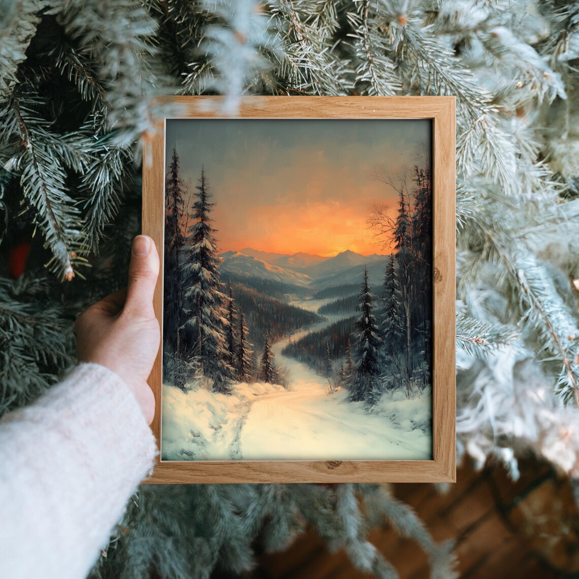 Snowy Mountain Forest Sunset Winter Landscape Oil Painting Print - Image 6