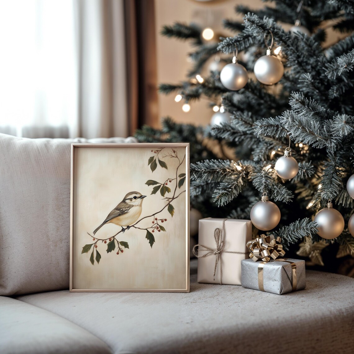Little Winter Bird on Mistletoe Branch with Red Berries Poster - Image 5