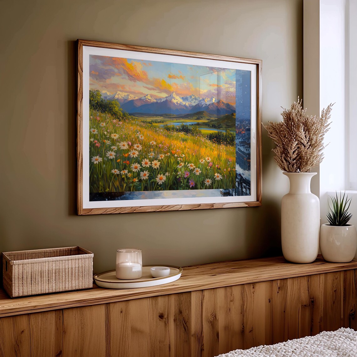 Snow Capped Mountain Sunrise Wildflower Meadow Golden Landscape Print - Image 5