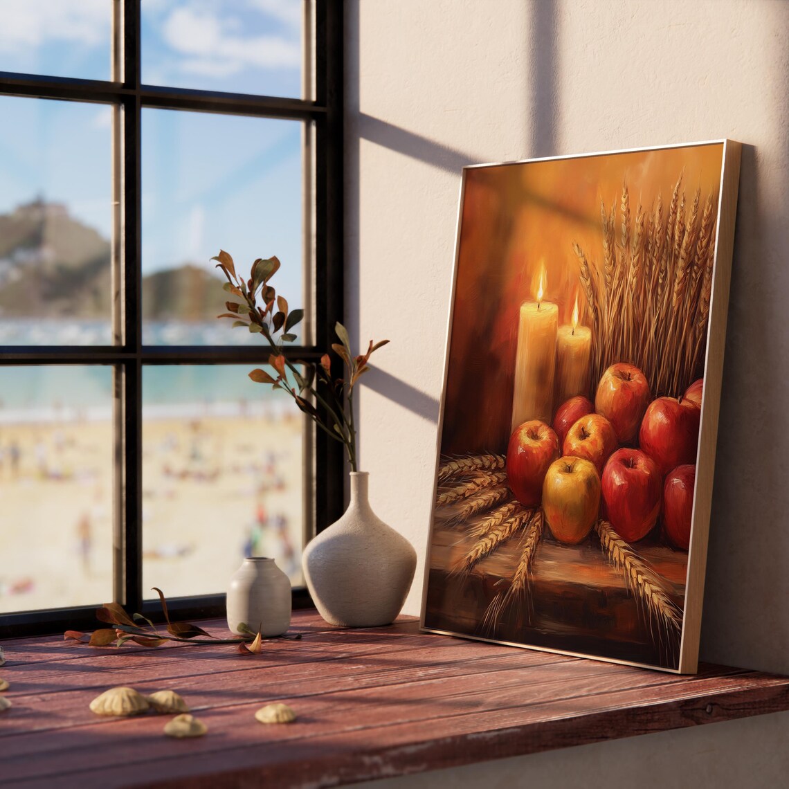 Harvest Still Life with Glossy Red Apples Wheat and Lit Candles Poster - Image 5