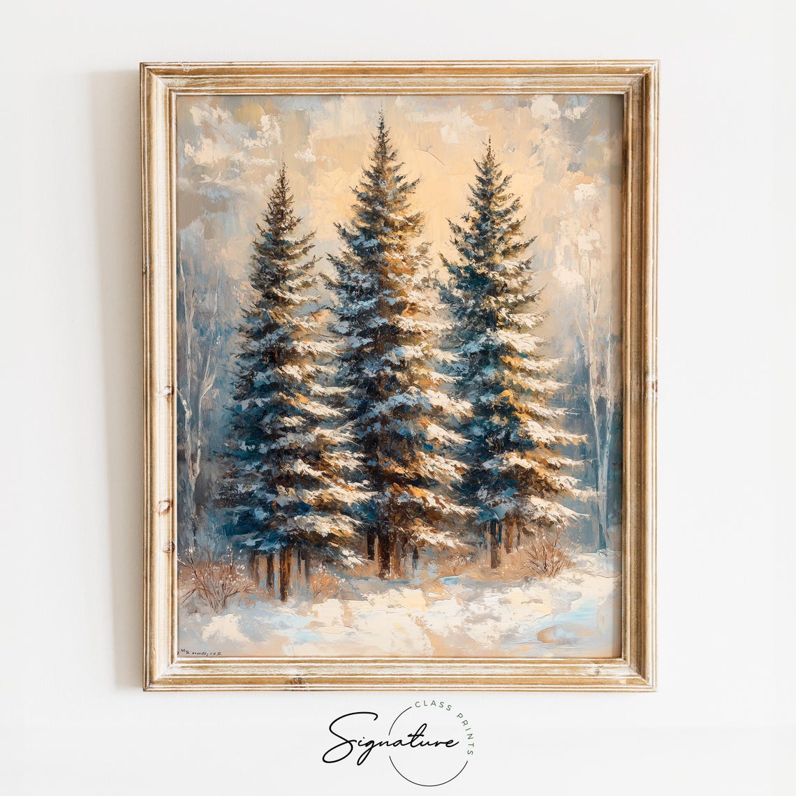 Snow Dusted Fir Trees In Winter Mist Warm Light Rustic Poster