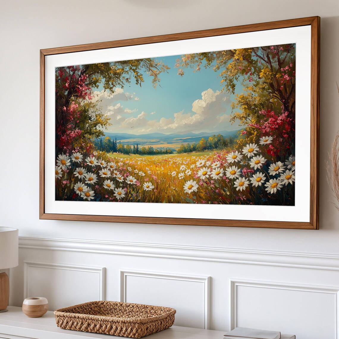 Wildflower Meadow Daisies Pink Blooms Tree Canopy Sunny Valley View Poster - Image 2