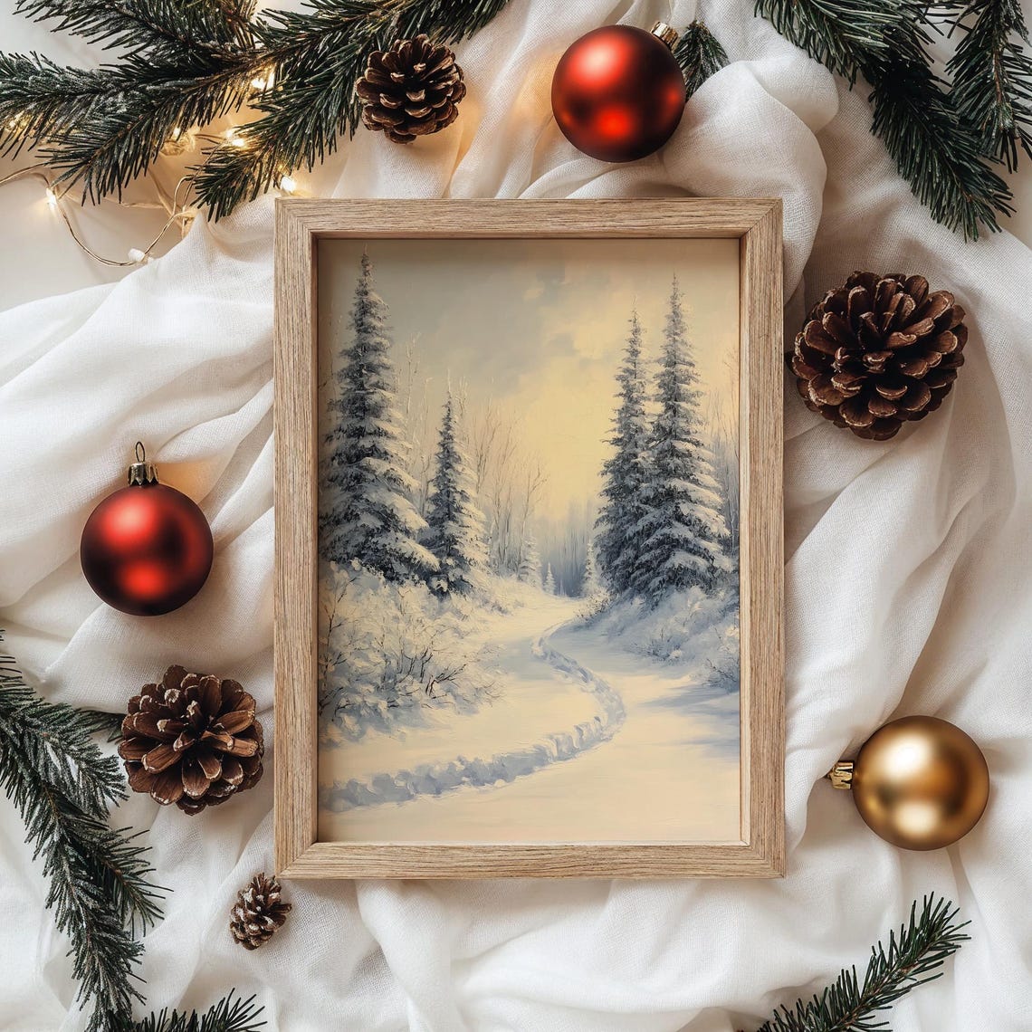 Snowy Trail Between Frosty Fir Trees in Soft Winter Light Poster - Image 4