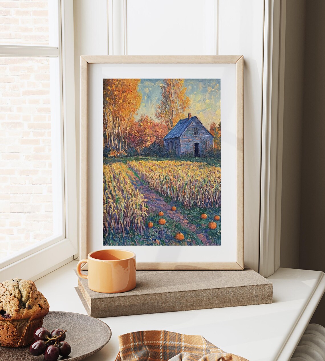 Weathered Barn in a Golden Wheat Field Dotted With Fall Pumpkins Poster - Image 6