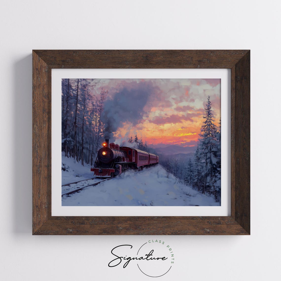 Vintage Steam Train Crossing Snowy Mountains At Sunset Art Poster - Image 5