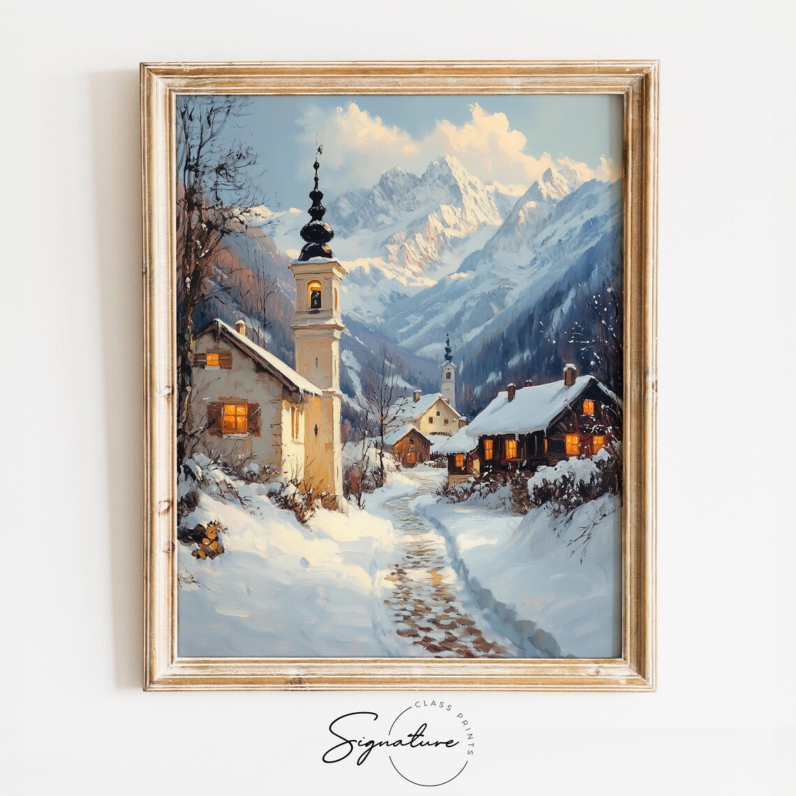 Alpine Village with Tall Church Bell Tower in Snow Winter Poster
