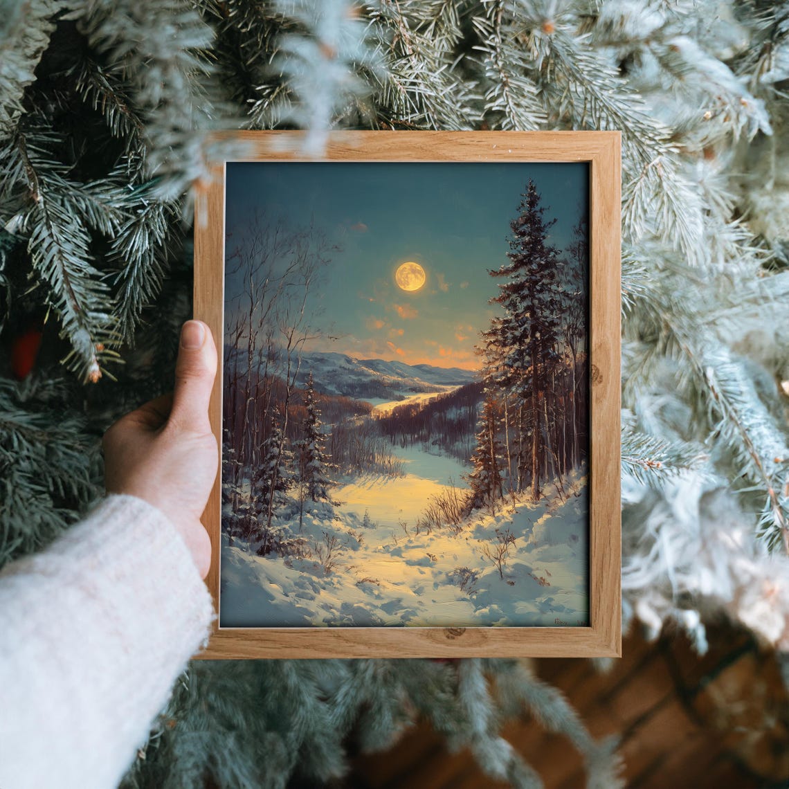 Full Moon Rising Over Snowy Forest Hillside Winter Night Poster - Image 6
