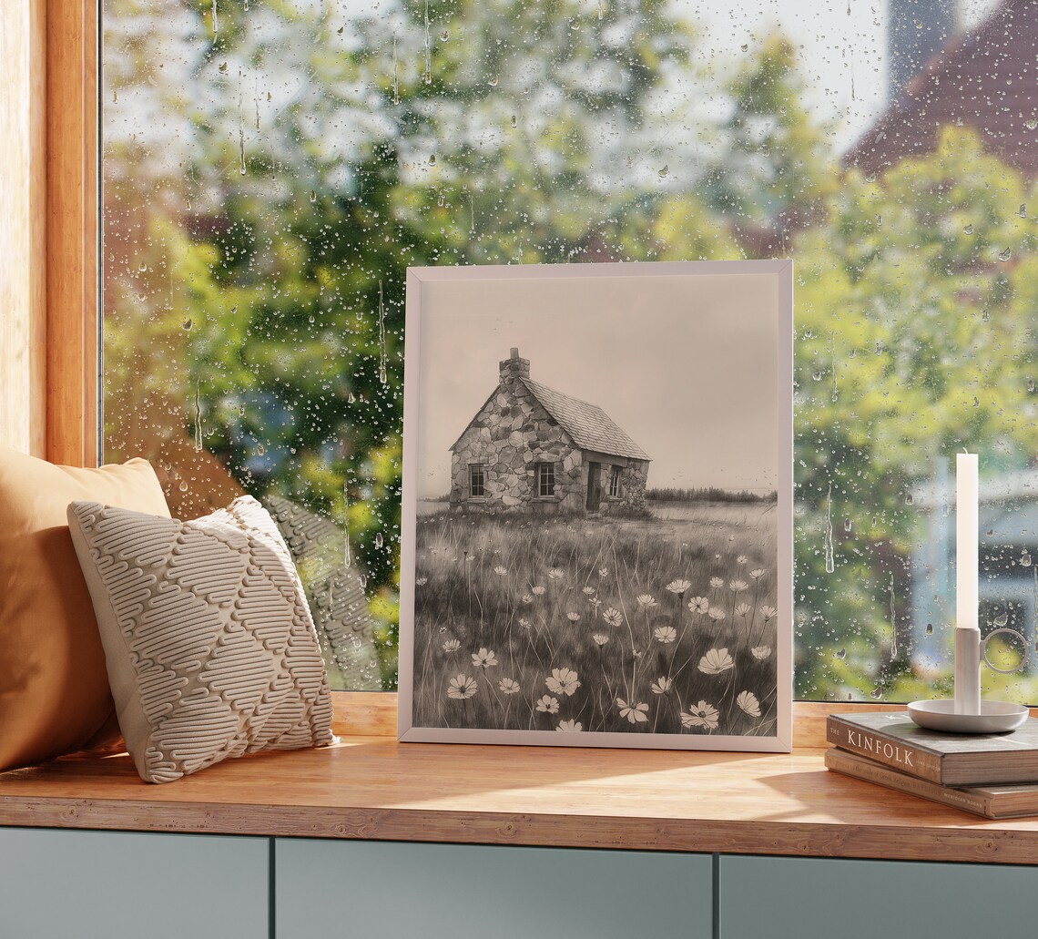 Stone Cottage In A Field Of Wildflowers Sketch Rustic Art Poster - Image 2