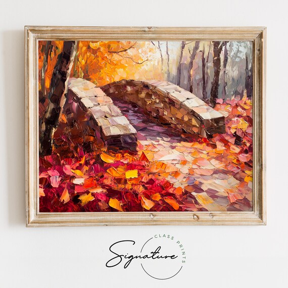 Arched Stone Bridge In Autumn Forest With Fallen Leaves Poster