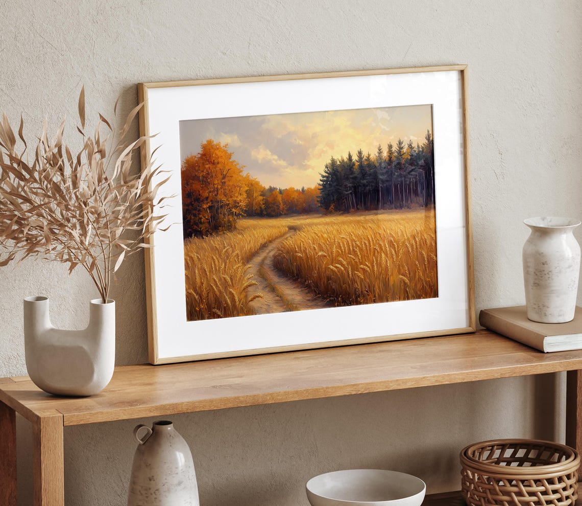 Autumn Wheat Field Path Pine Forest Rolling Hills Fall Wall Art - Image 4