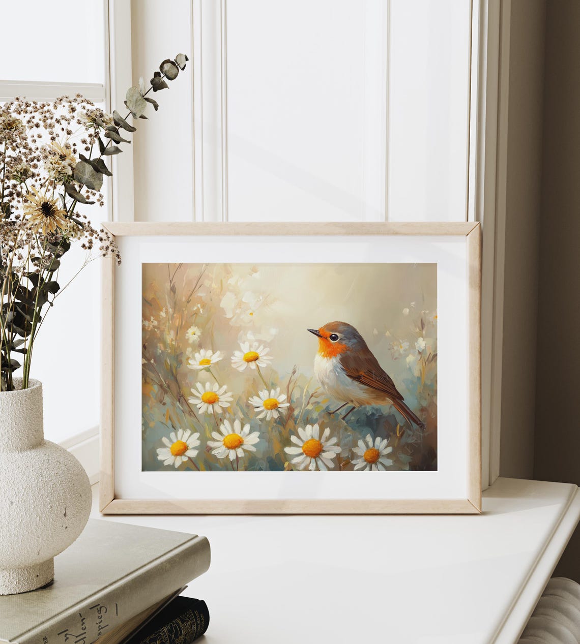 Sunlit Robin Among White Daisies Warm Golden Spring Bird Wall Art - Image 6
