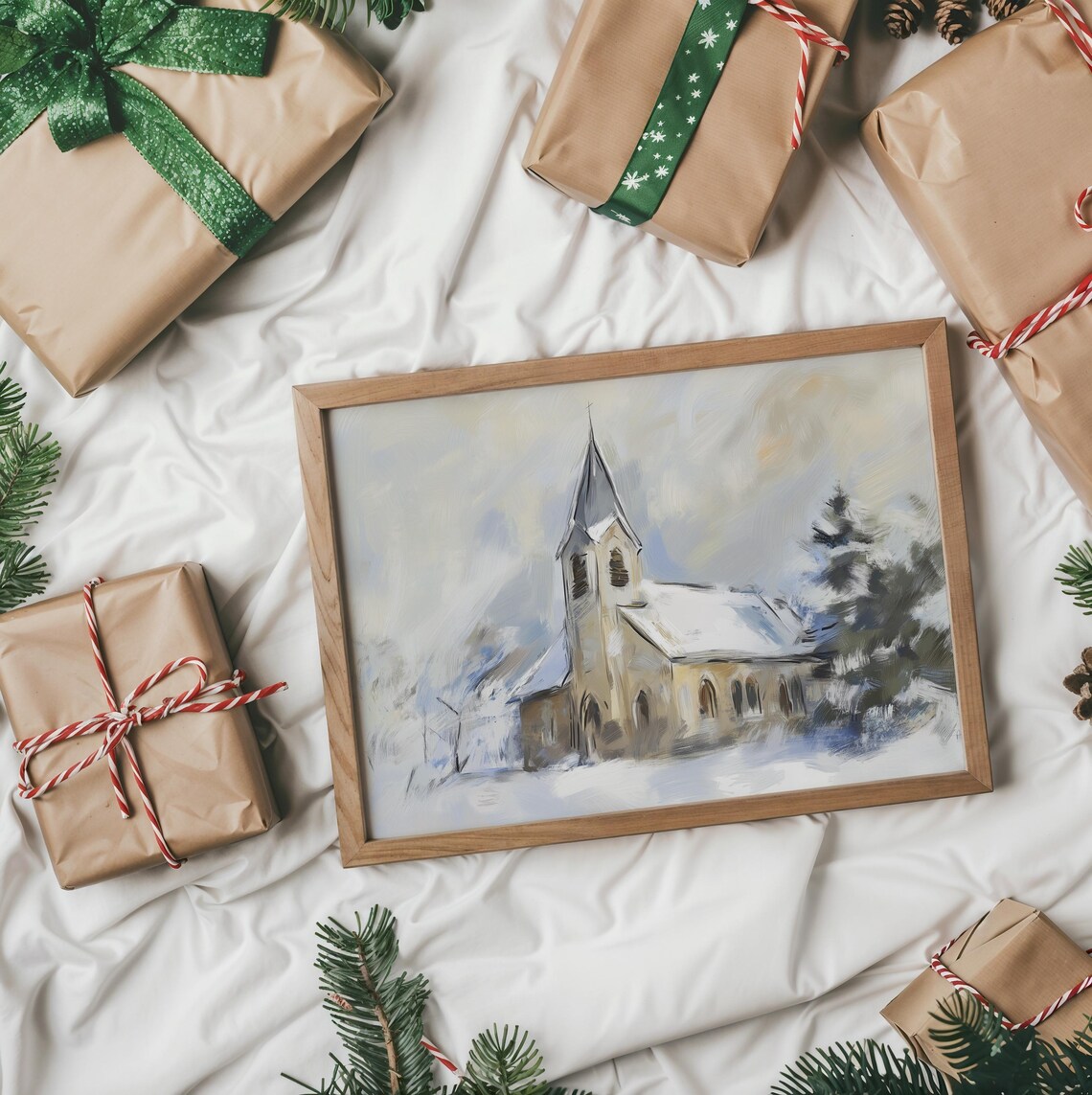 Old Stone Church In Winter Snow Soft Impressionist Painting Poster - Image 2