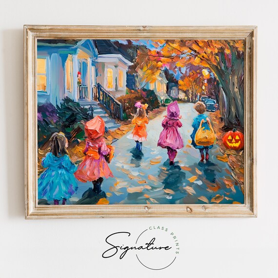Halloween Trick Or Treat Painting Costumed Children Dusk Fall Poster