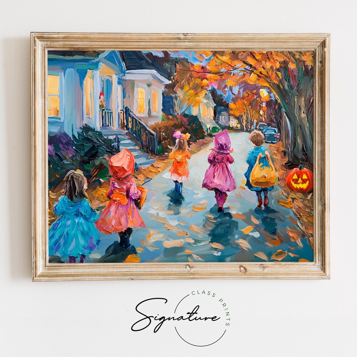 Halloween Trick Or Treat Painting Costumed Children Dusk Fall Poster