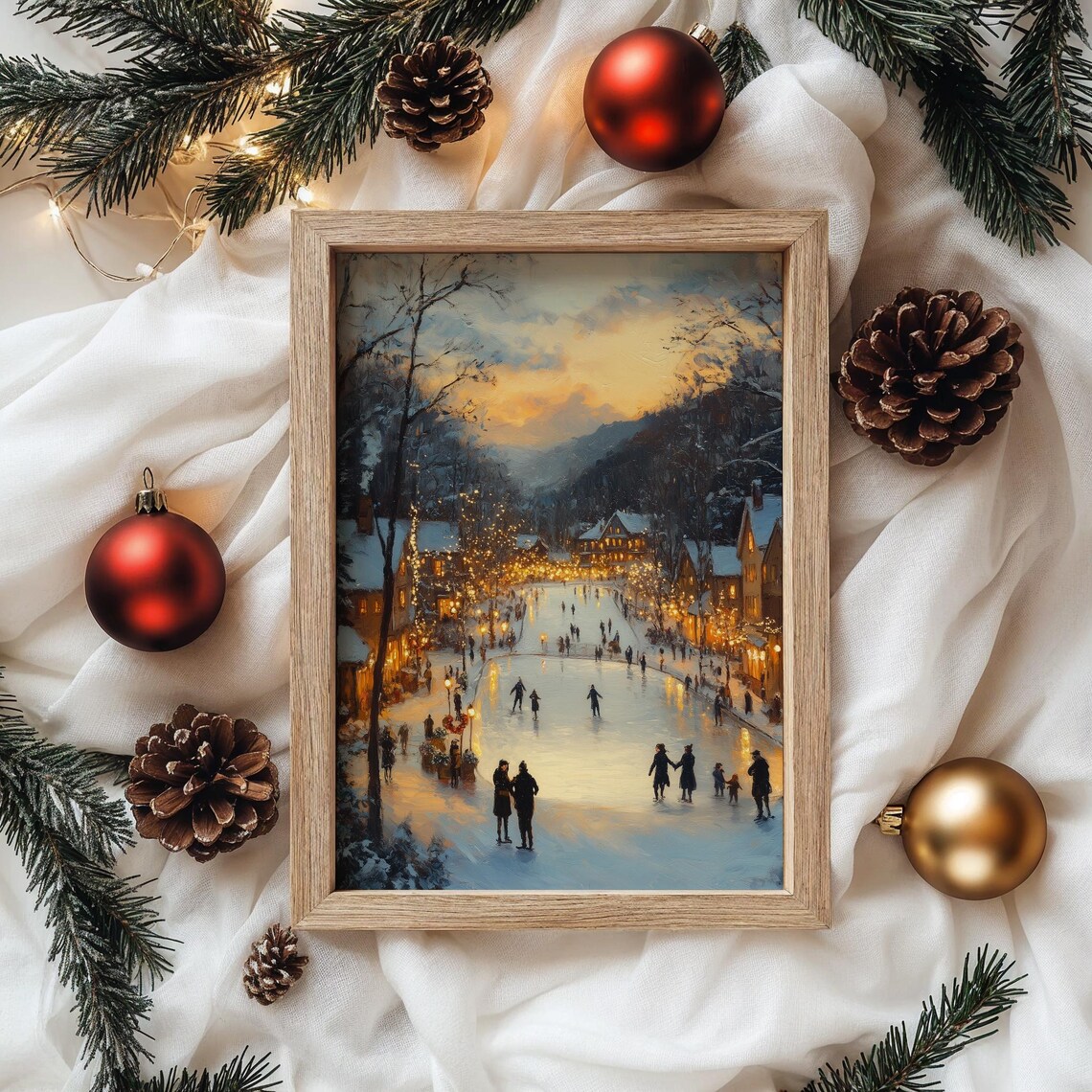 Sunset Ice Skaters on Frozen Pond with Village Lights and Tree Poster - Image 4