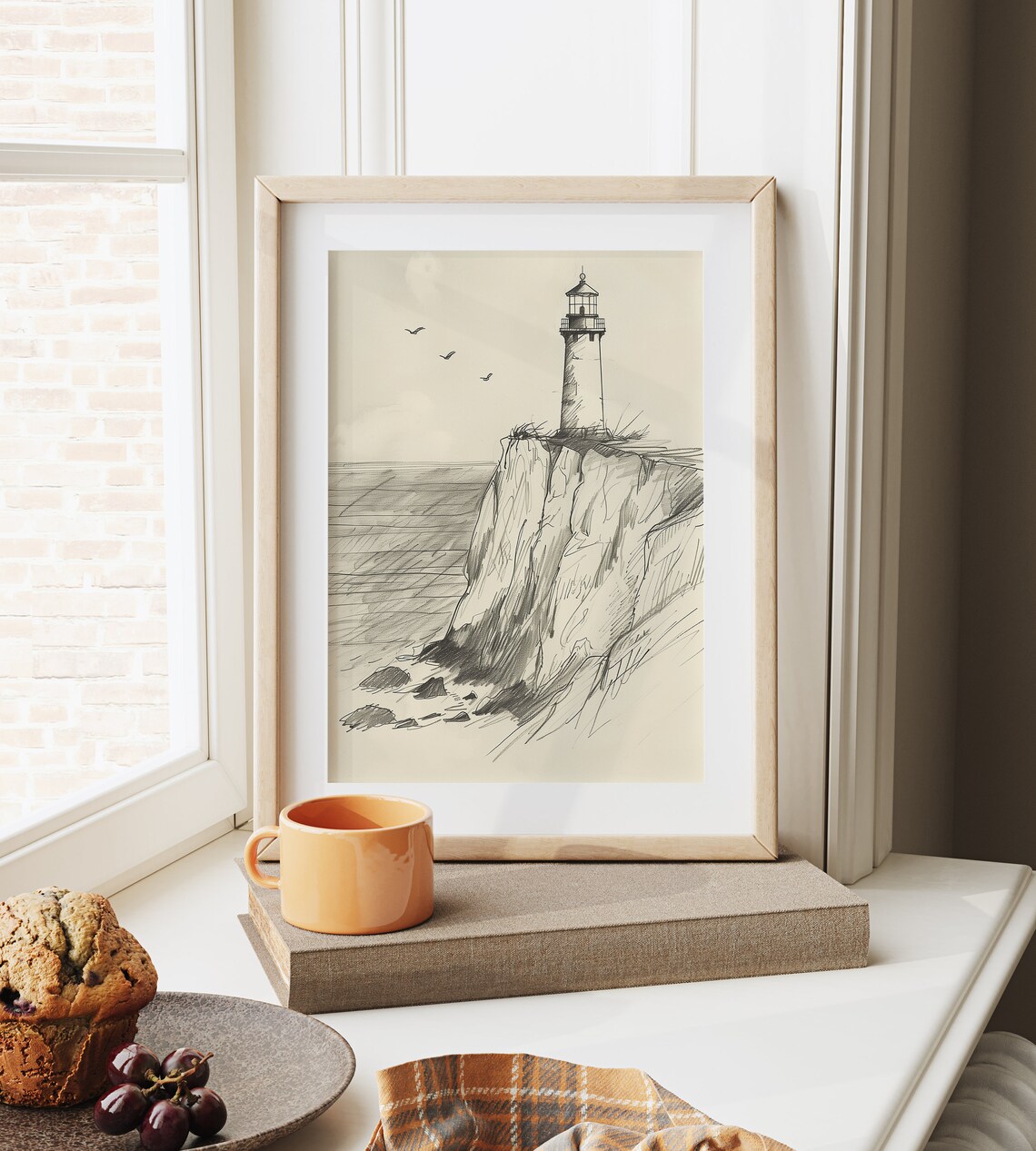 Lonely Lighthouse On Coastal Cliff Pen Sketch Nautical Poster - Image 6