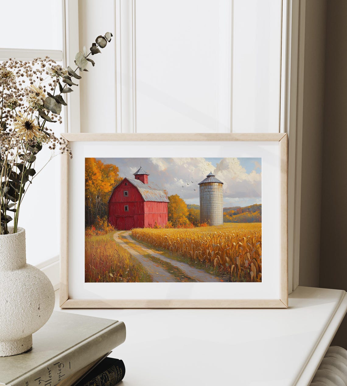 Red Barn Silo Cornfield Autumn Farm Rustic Fall Harvest Wall Art - Image 6