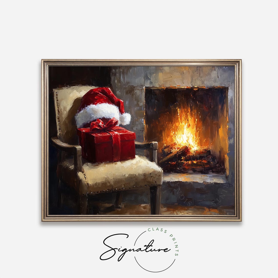 Santa Hat And Red Gift Box On Chair By A Glowing Fireplace Poster - Image 4