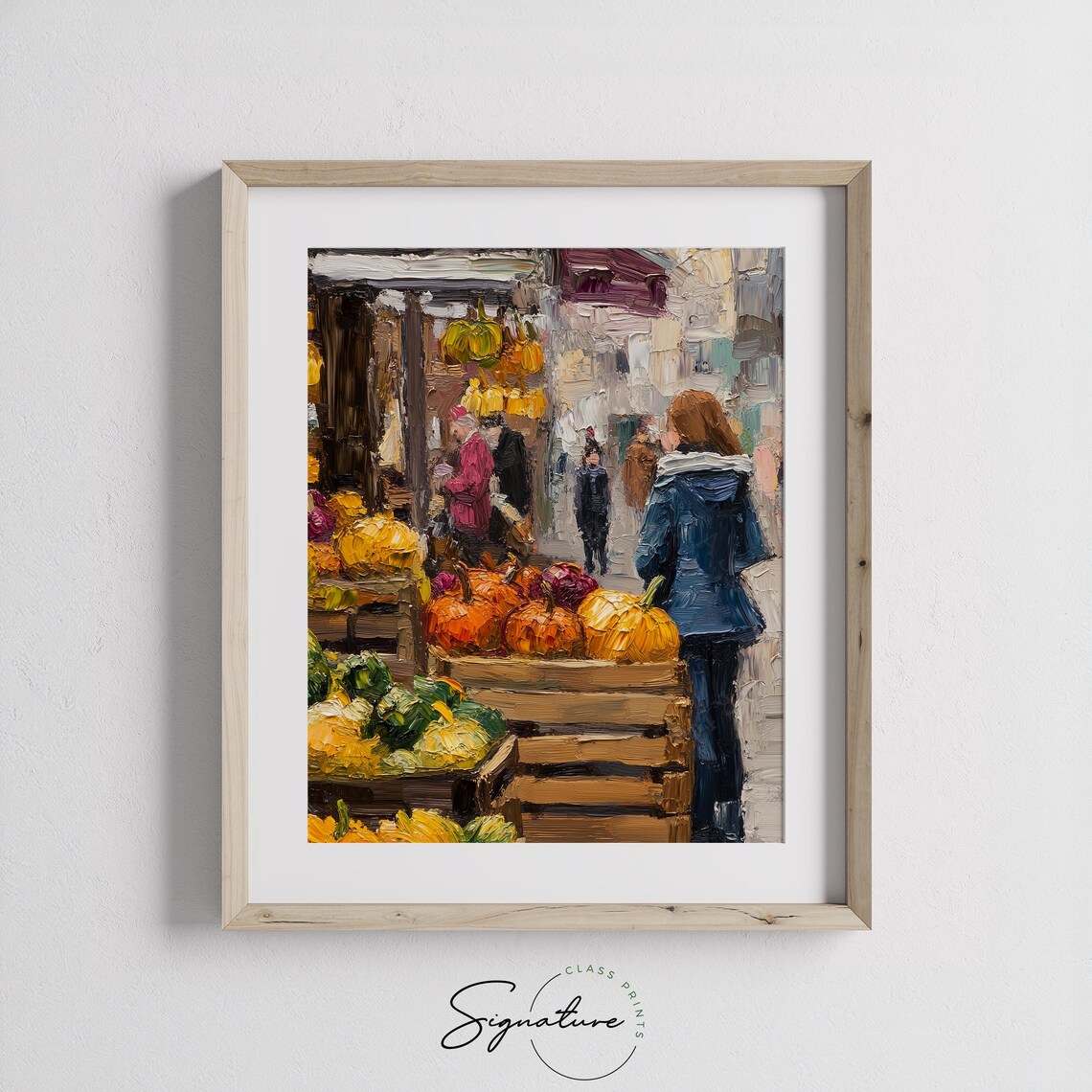 Busy Autumn Farmers Market with Pumpkin Crates and Shoppers Poster - Image 3