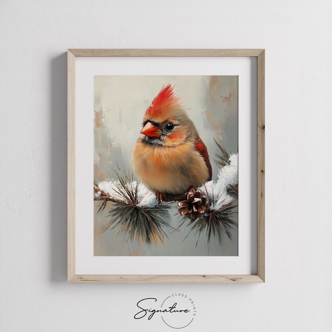 Female Cardinal Snowy Pine Branch Pinecone Winter Bird Painting Poster - Image 3