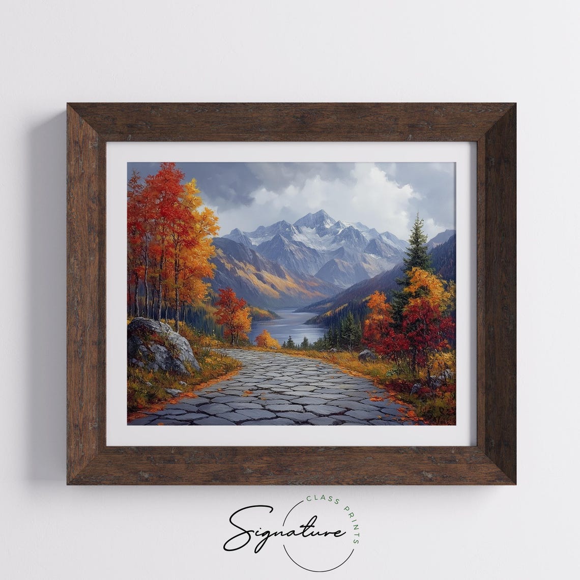 Autumn Cobblestone Lane Mountain Lake View Fall Scenic Wall Art - Image 5