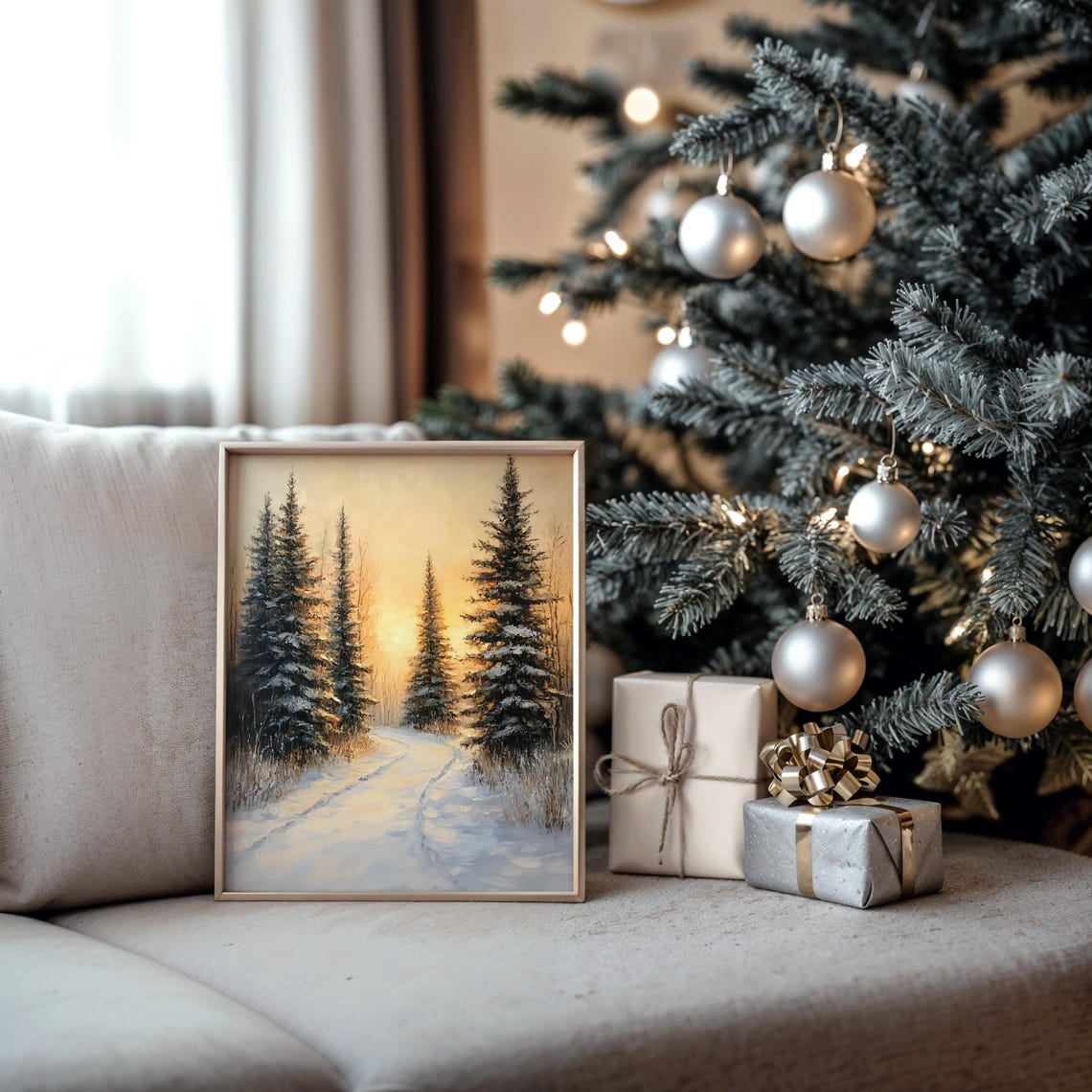 Golden Sunset Over Snowy Pine Forest Path Winter Glow Poster - Image 5