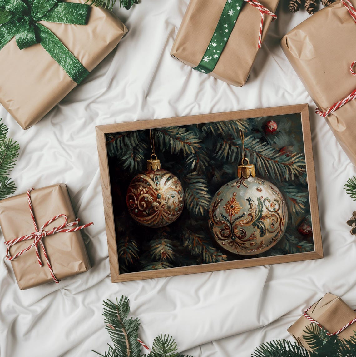Copper And Sage Ornate Christmas Ornaments On Pine Branch Poster - Image 2
