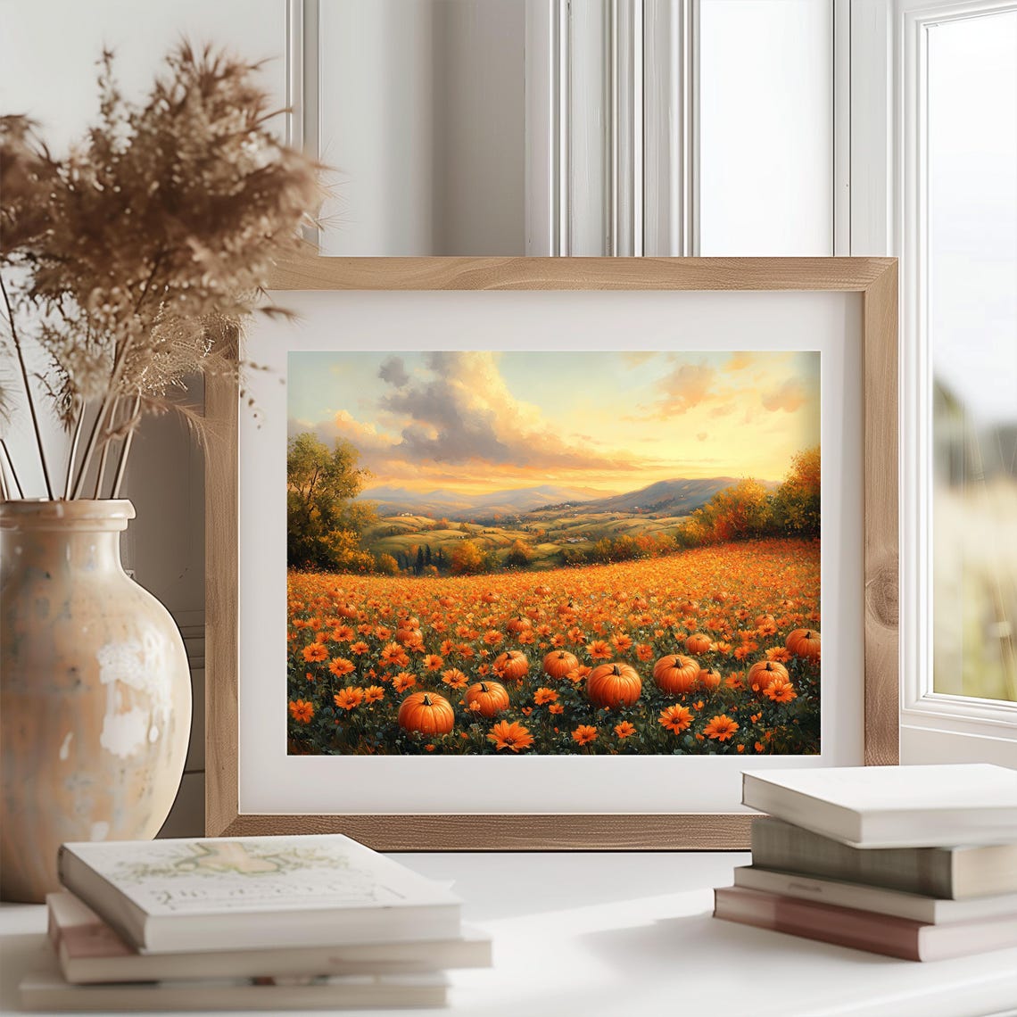 Pumpkin Patch Glowing at Sunset Over Rolling Autumn Hills Poster - Image 2