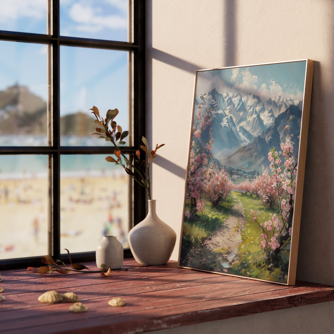 Blossoming Orchard Pink Spring Path Snowy Mountain Valley Poster - Image 5