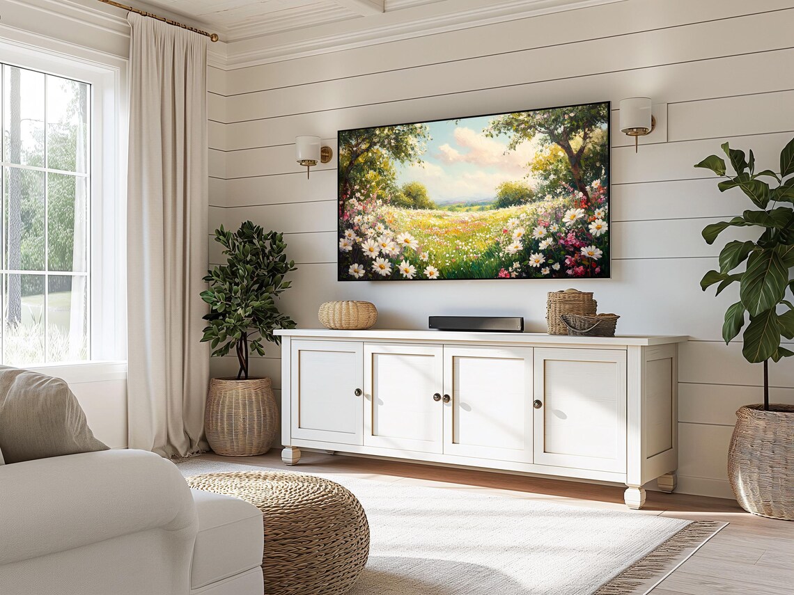 White Daisy Meadow In Bloom Spring Wildflowers Sunny Landscape Art Poster - Image 3