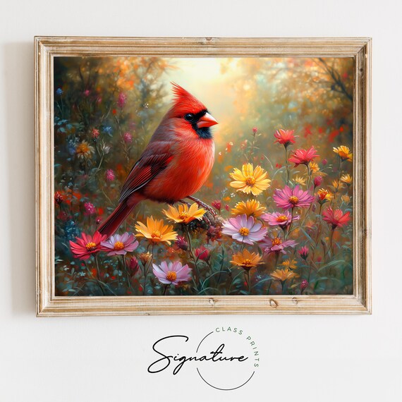 Forest Cardinal In Soft Clearing Vintage Spring Print Country Cottage Artwork Nature Decor Earthy Moody Painting Wall Art 3197