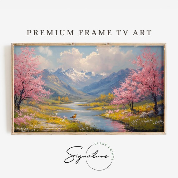 Snowy Mountain River Valley With Cherry Blossoms Spring Poster