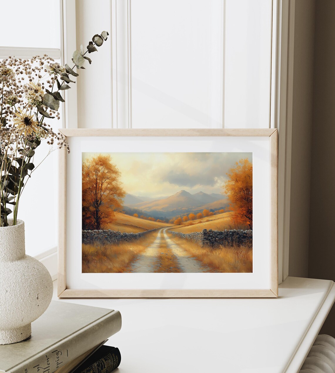 Autumn Country Road With Stone Walls Leading to Golden Mountains Wall Art - Image 6