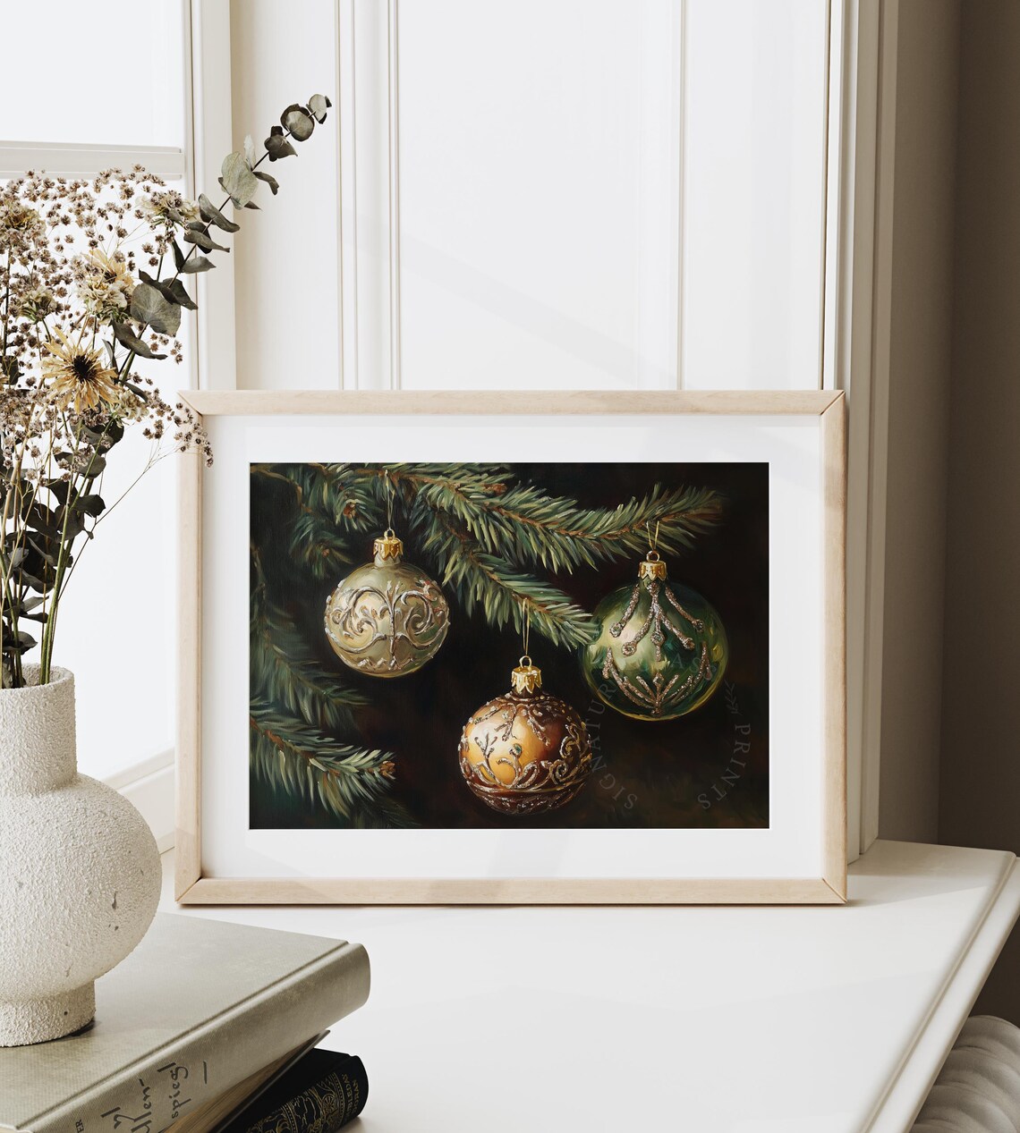 Three Gilded Vintage Ornaments Hanging On An Evergreen Branch Poster - Image 6