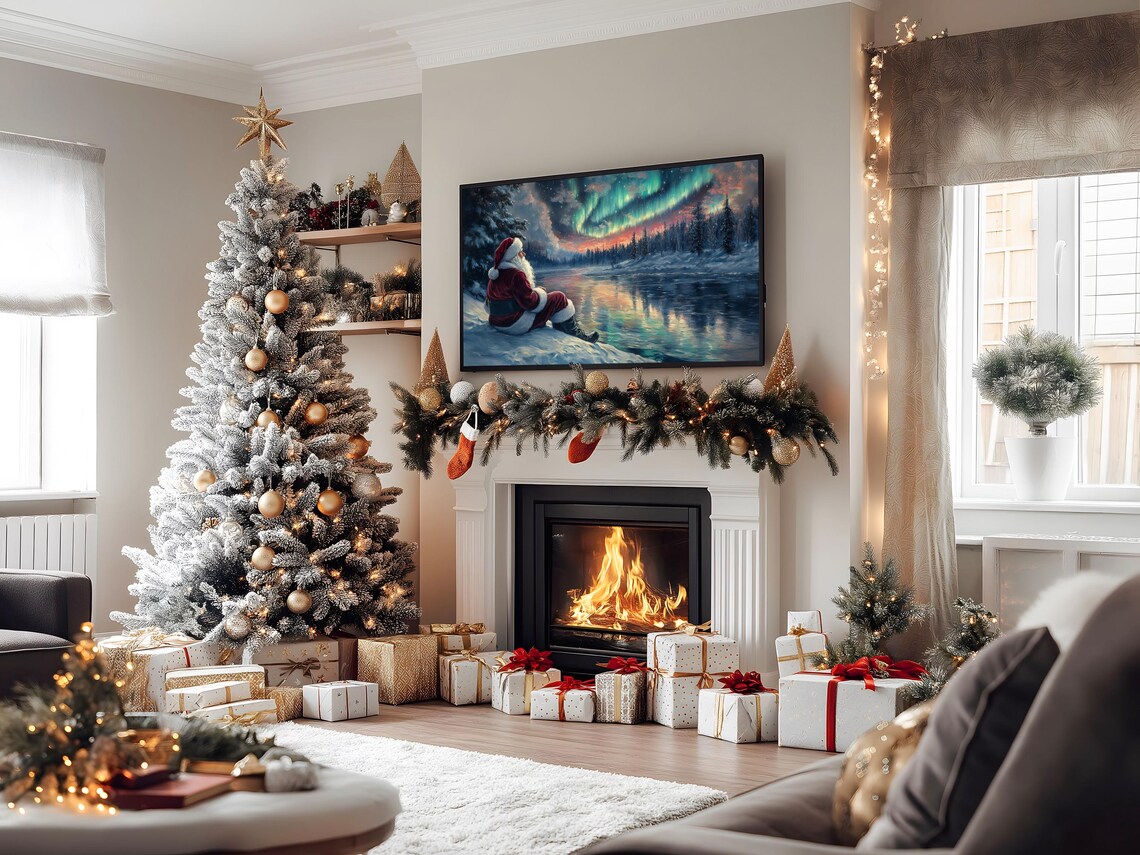 Santa Claus Watching Northern Lights Over Frozen Lake Christmas Poster - Image 2