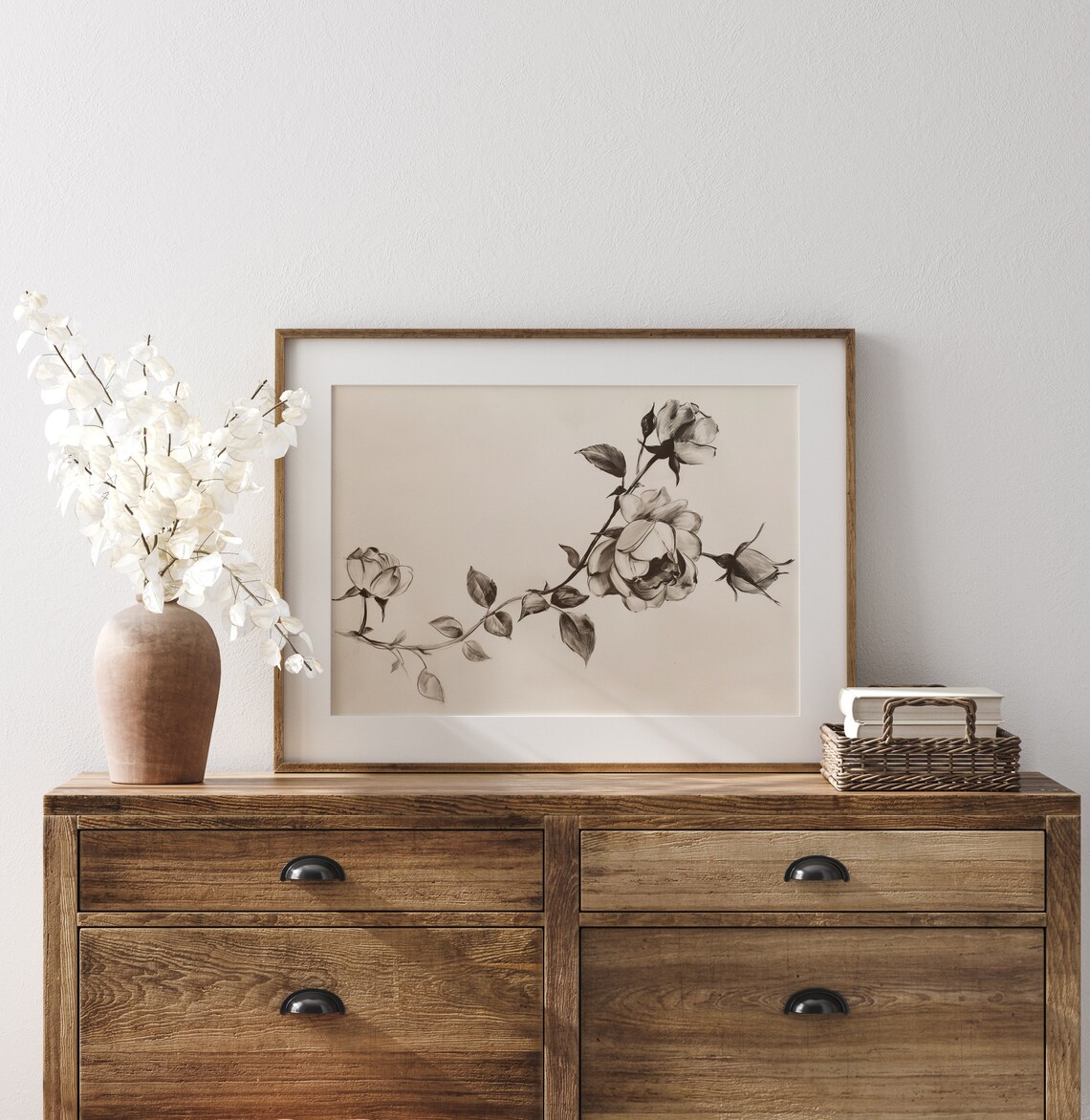 Rose Branch Sepia Pencil Sketch Elegant Vintage Bloom Floral Poster - Image 3