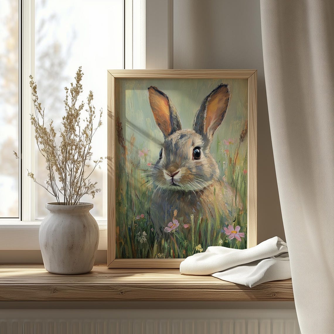 Bunny In Grassy Spring Field Cute Rabbit Animal Painting Wall Art - Image 4