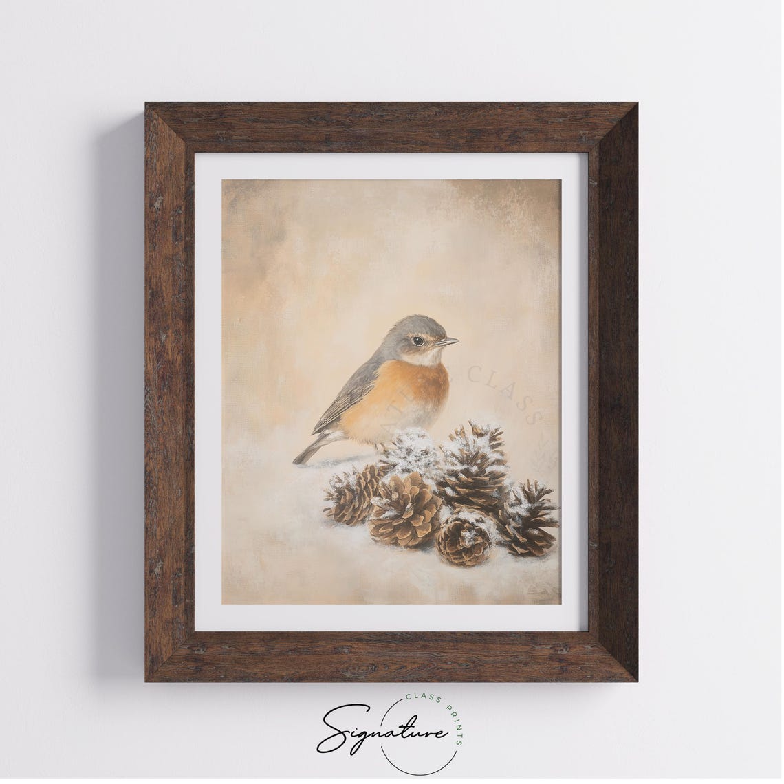 Robin Beside Snow Dust Pinecones Winter Bird Christmas Art Print - Image 2