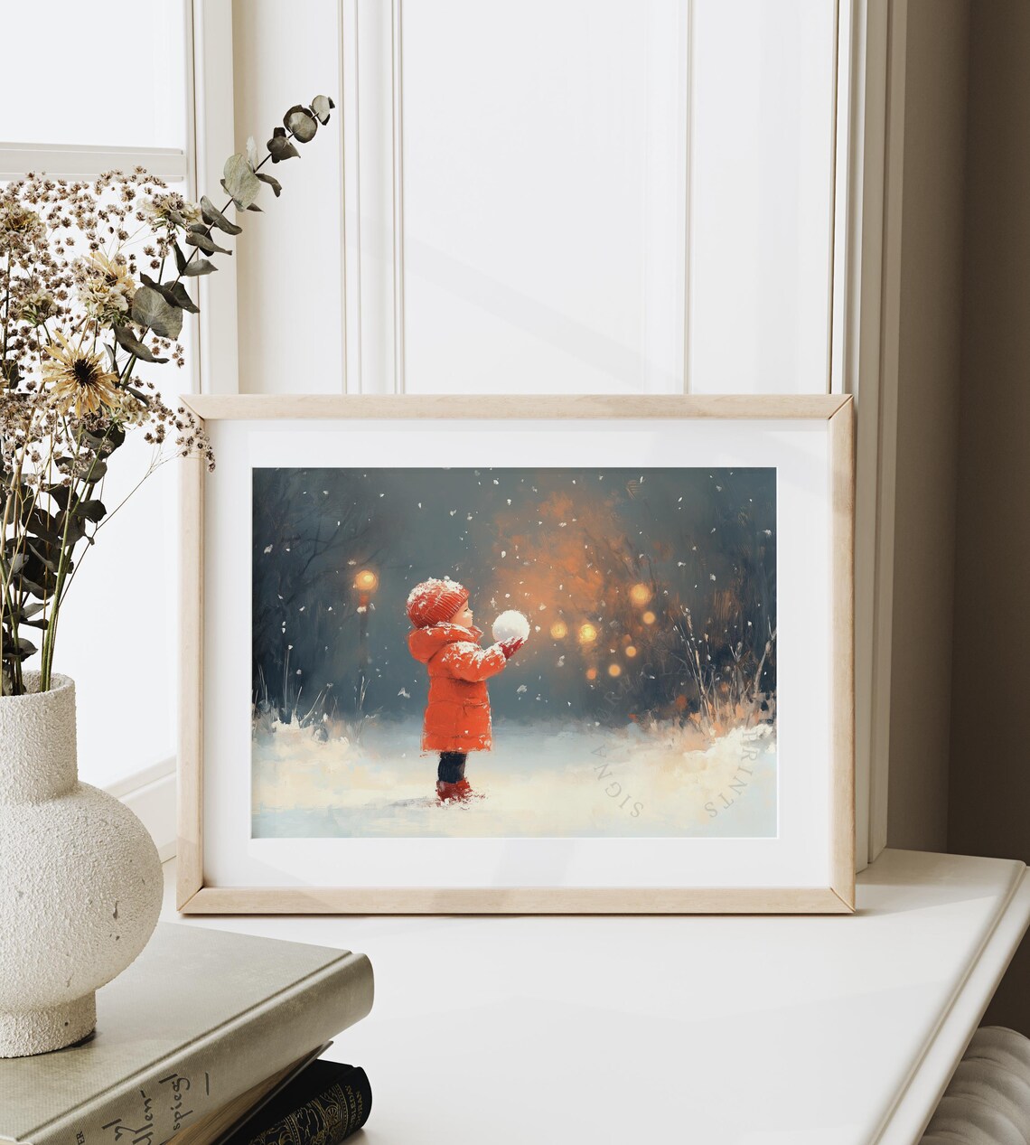 Child in Red Coat Holding Snowball on Snowy Winter Night Art Poster - Image 6