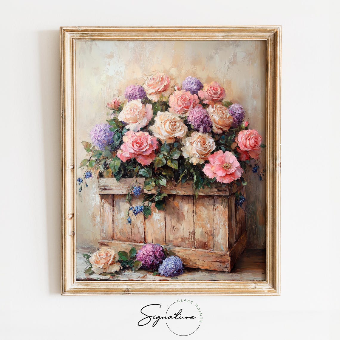 Rustic Wooden Box Roses And Hydrangeas Vintage Floral Painting Print