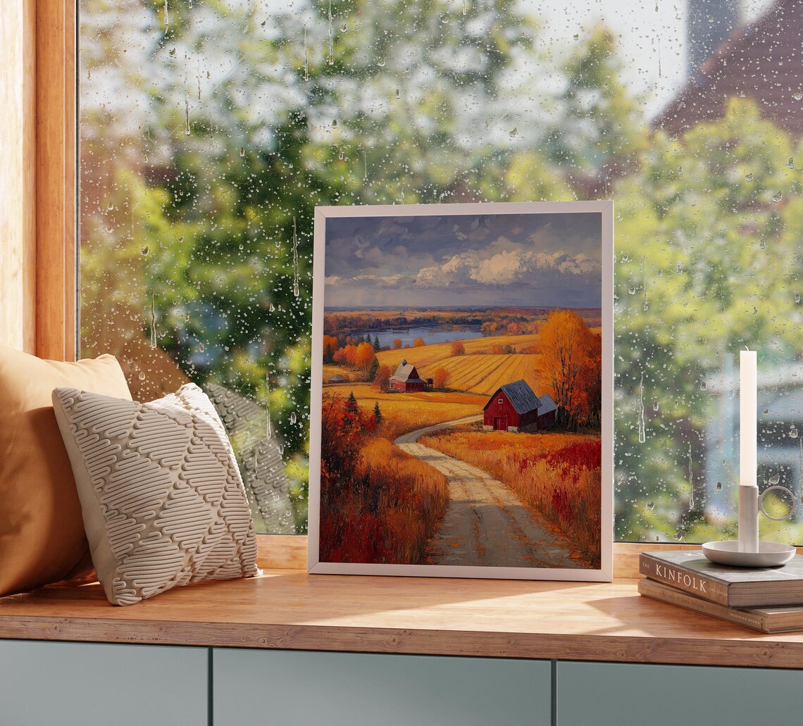 Autumn Farmland Panorama Red Barns Golden Fields Lake View Poster - Image 2