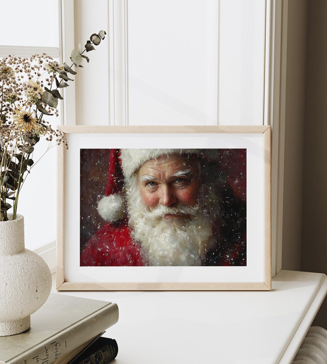 Santa Claus Close Up Portrait Falling Snow Red Background Poster - Image 6