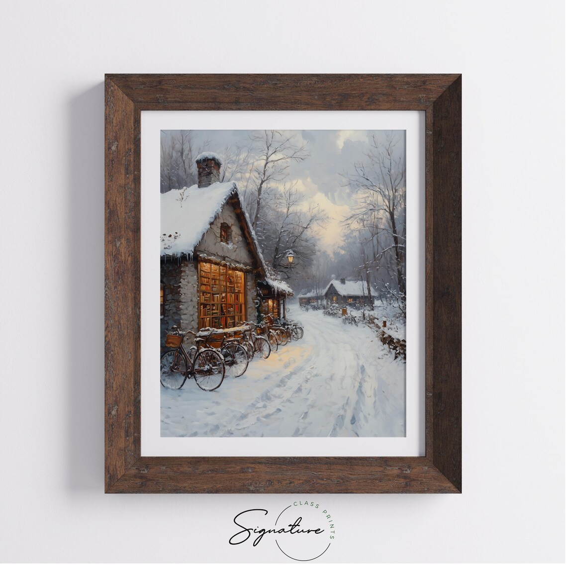 Snowy Bookstore with Glowing Windows and Bicycles Winter Poster - Image 3