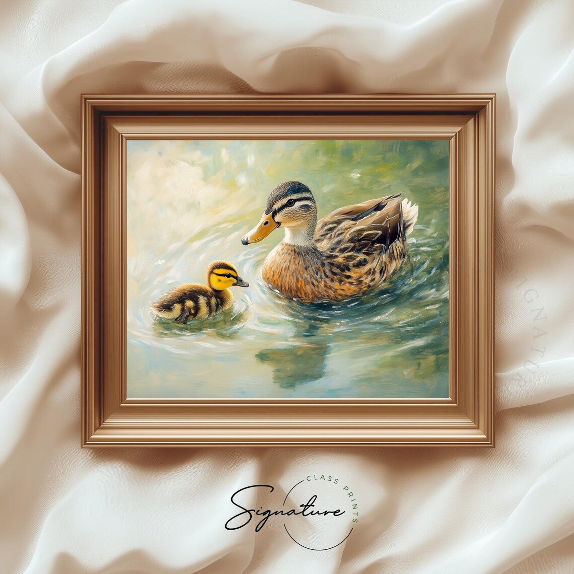 Mother Duck and Duckling Swimming Calm Water Spring Wildlife Poster